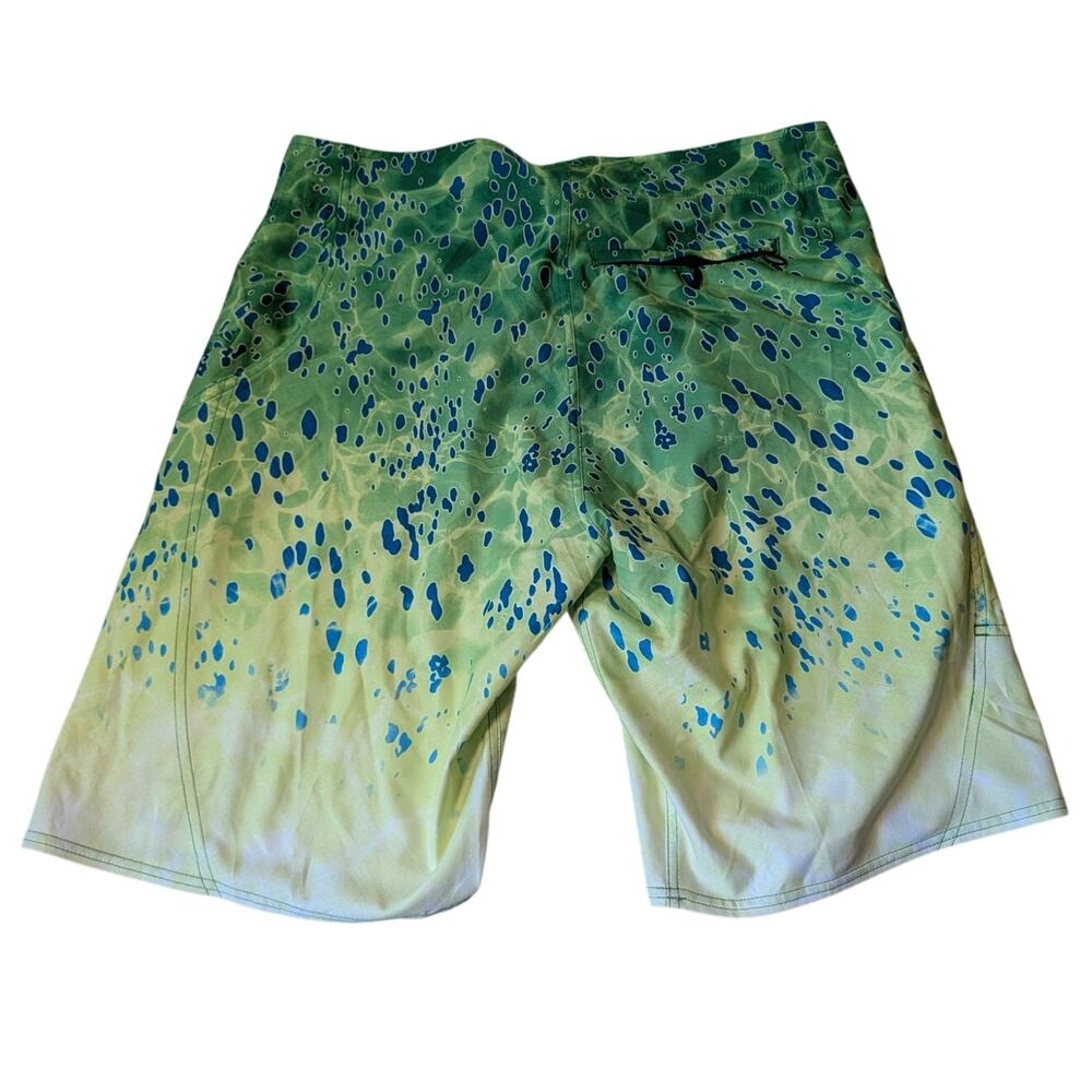 Pelagic Men's Sharkskin Dorado Board Shorts 33 Green Yellow Fishing Swim Trunks